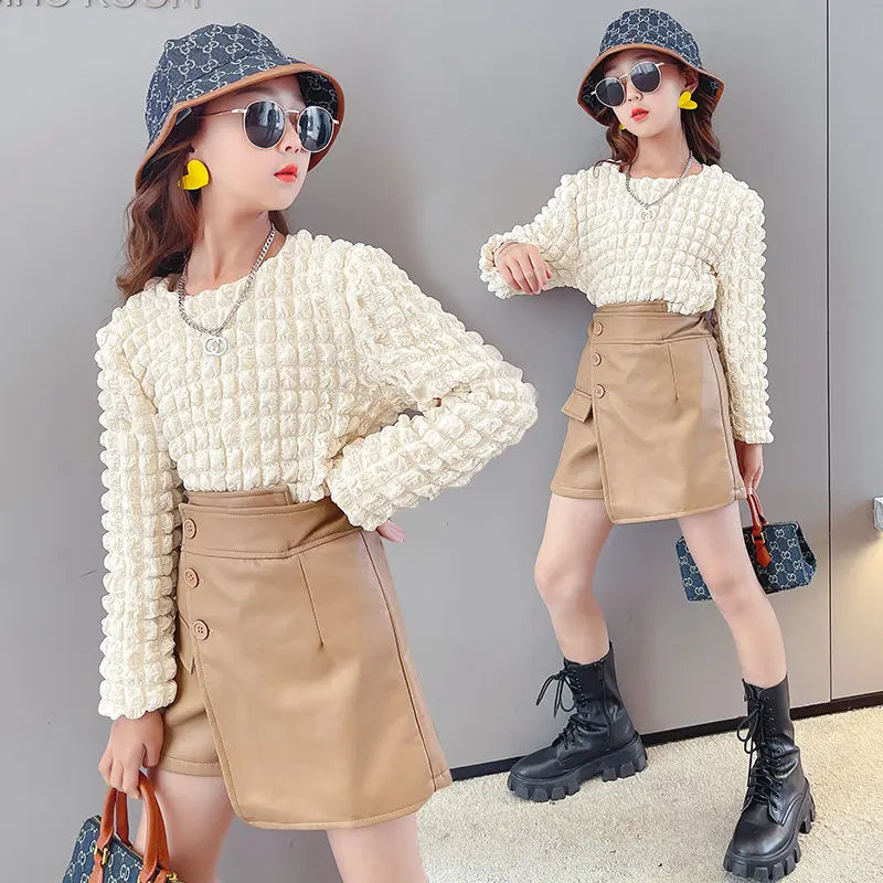 Long Sleeve Top+Leather Pantskirt Clothes Set