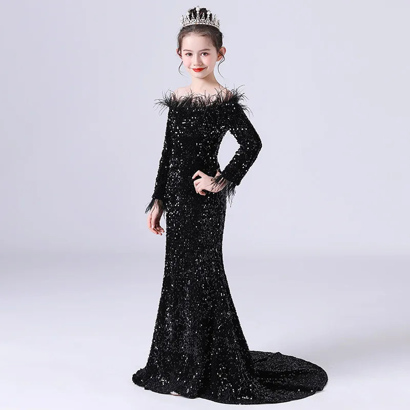 Floor Length Feather Sequin Dress