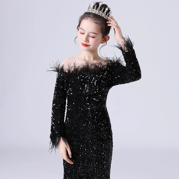 Floor Length Feather Sequin Dress